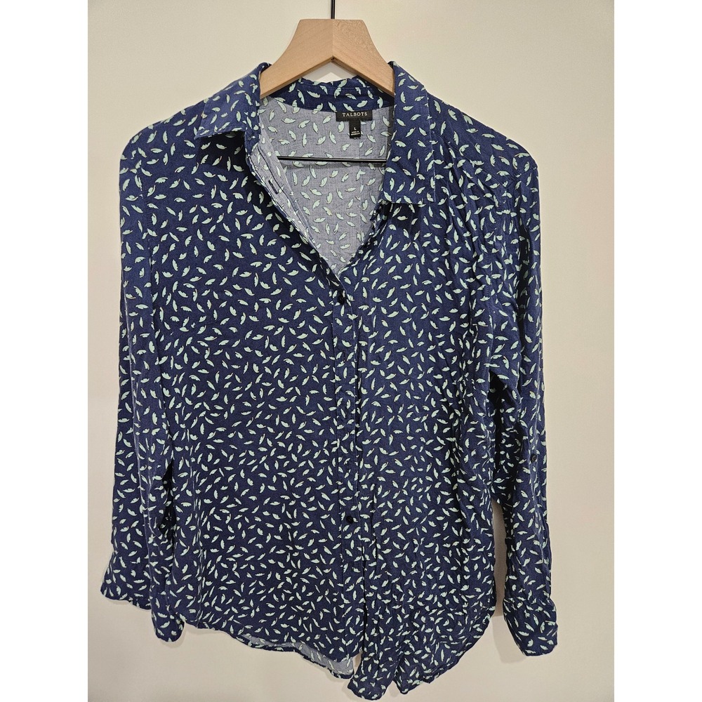 Talbots Womens Large Navy Blue Green Feather Print Button Down Long Sleeve Shirt
